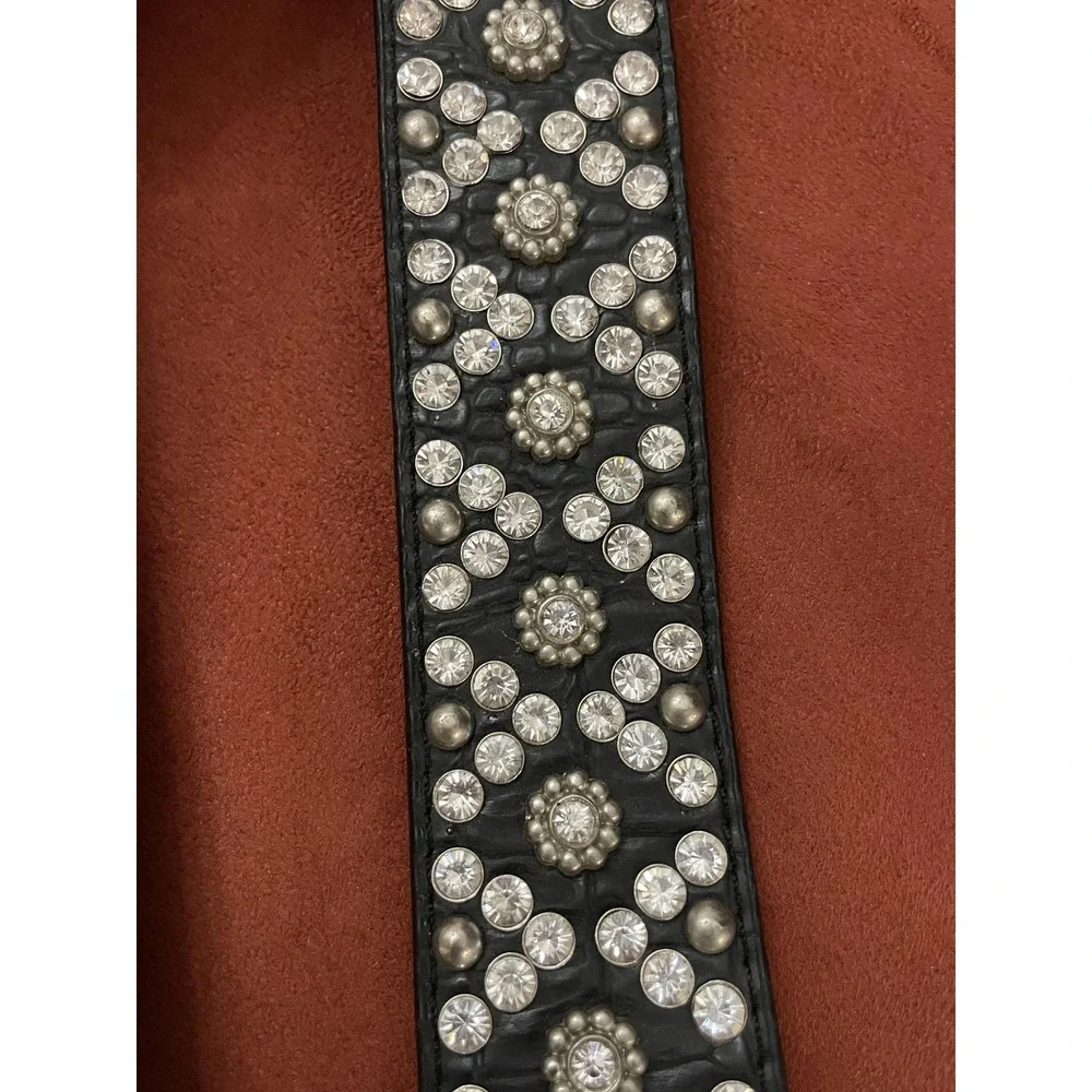 Studded Leather Belt Mens XL Black Rhinestone Western Buckle Croc Embossed